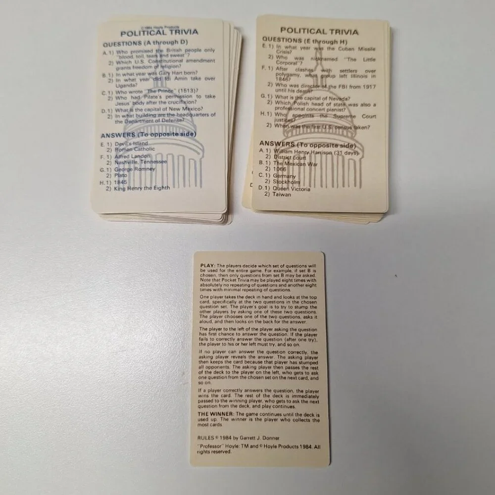 Hoyle Pocket Trivia Politics 1984 History Facts Quiz Travel‎ Flashcards Jeopardy